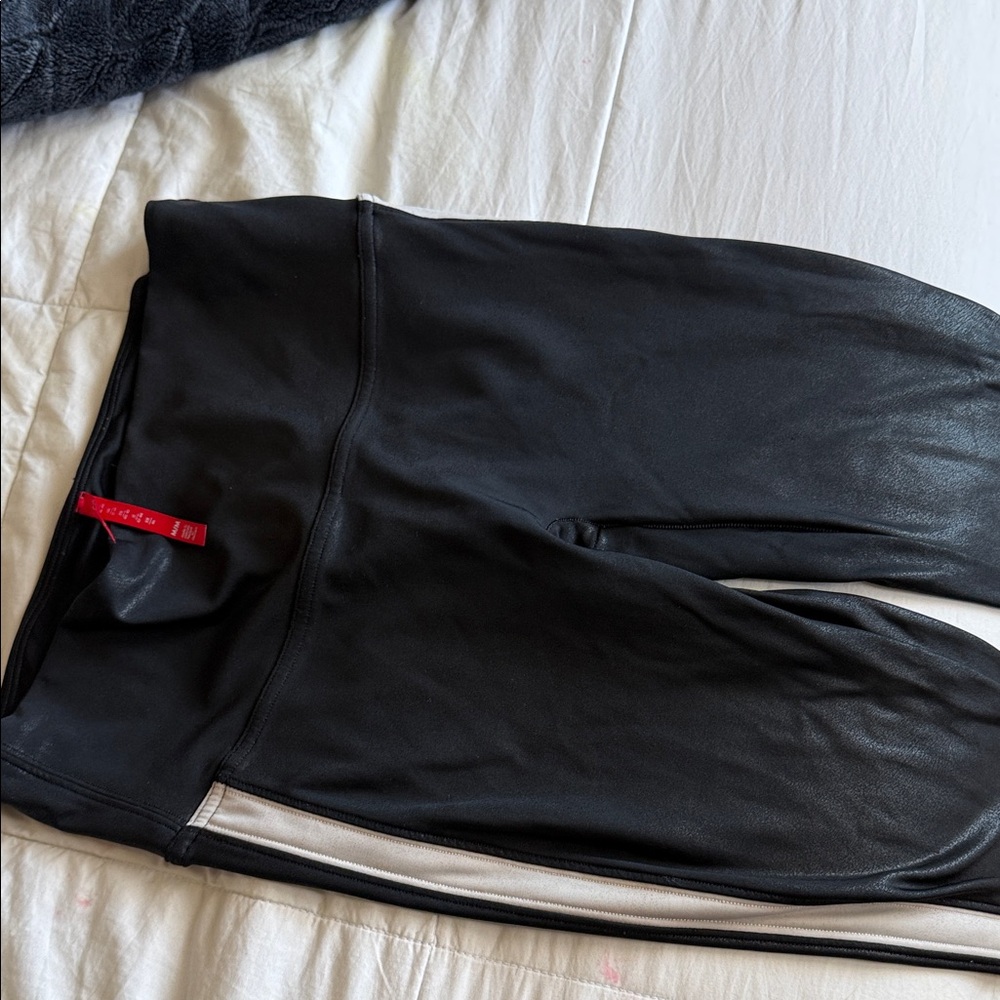 SPANX Black faux leather Leggings with white stripe